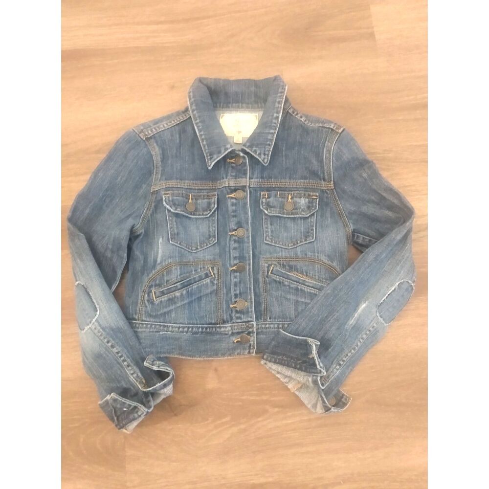 Old Navy Vintage Women's Y2K  Denim Jacket Distressed Medium Darkwash